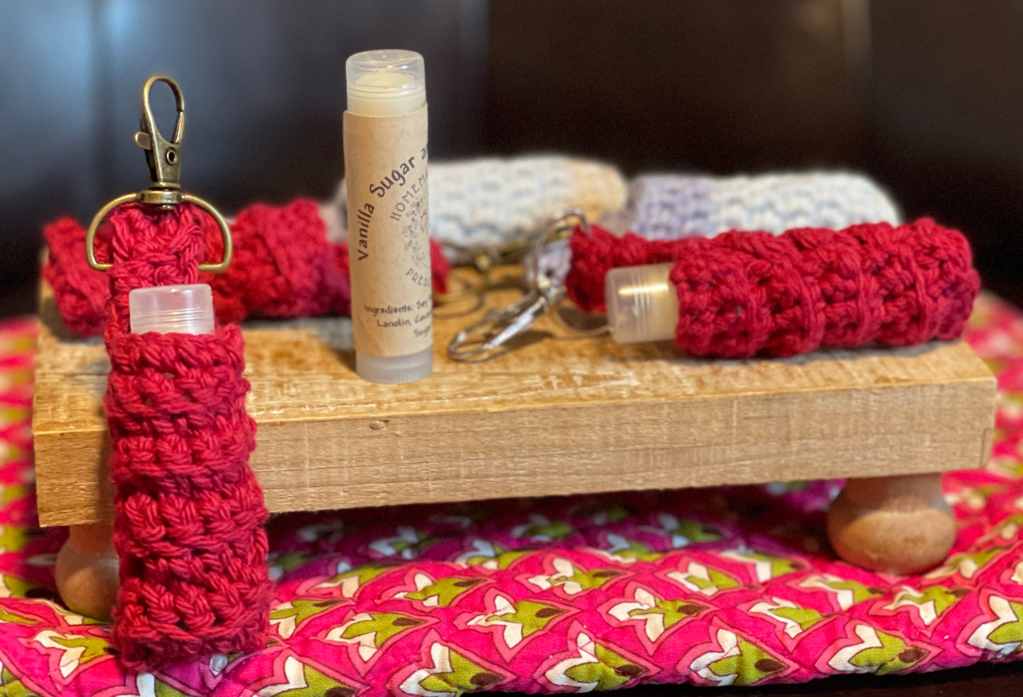 Crochet Lip Balm Holder with backpack or keychain clasp