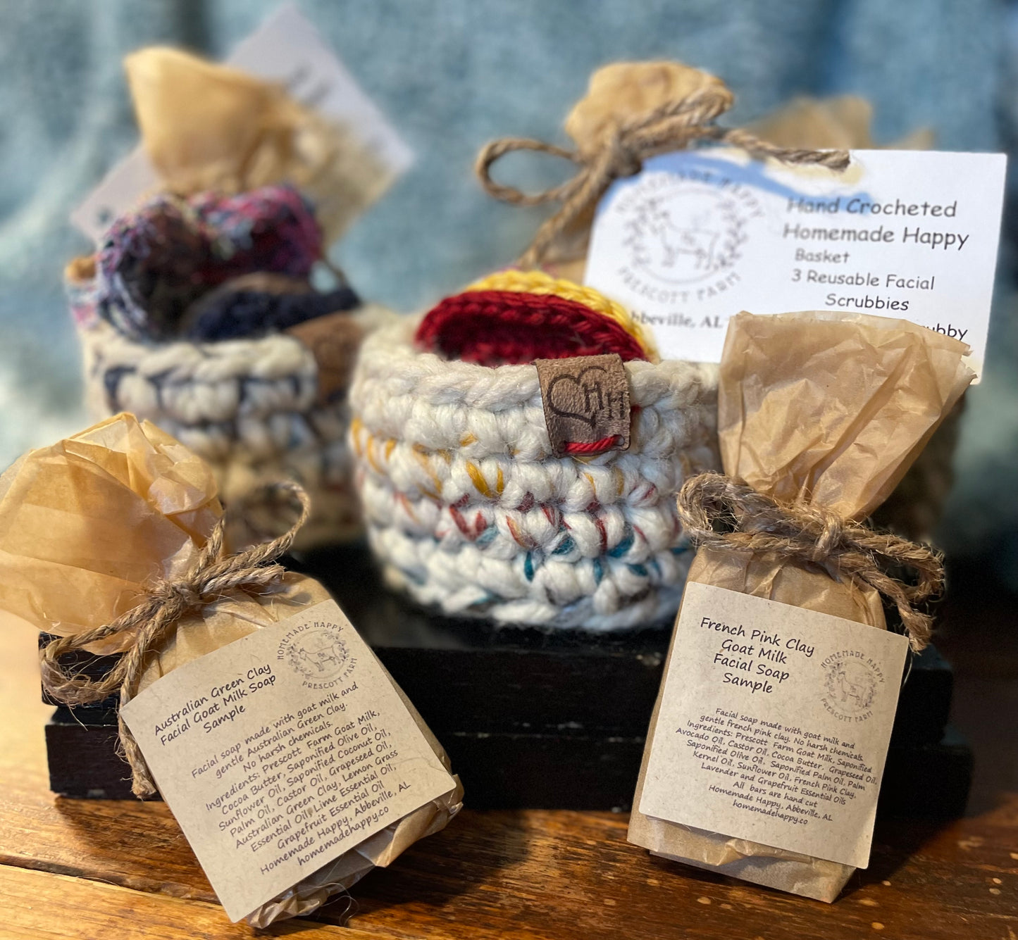 Crochet Reusable Facial Scrubbies, Exfoliating Scrubby, Sample facial soap AND Crochet HH basket (other basket colors available not pictured) Message us for details or request a color.