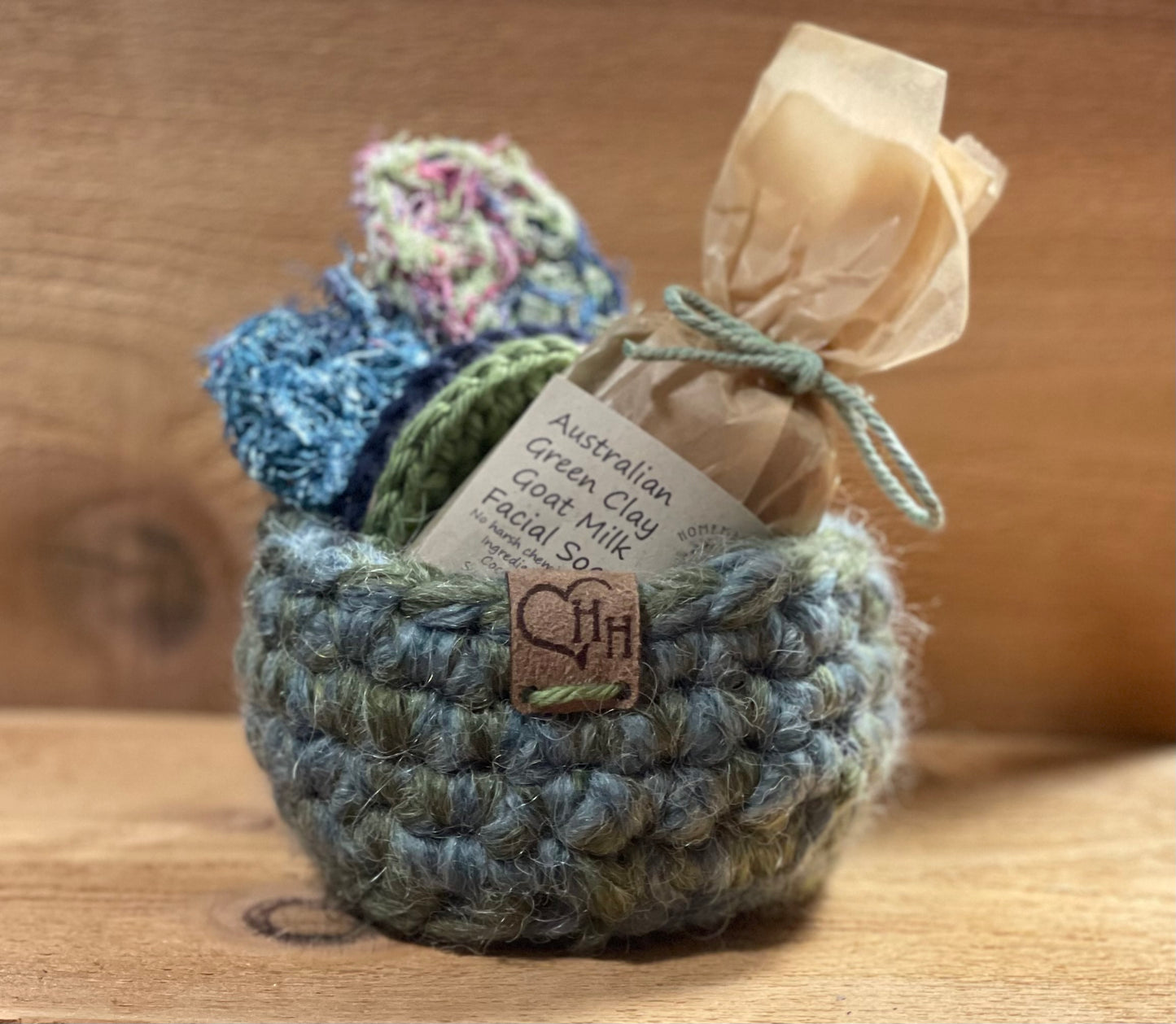 Crochet Reusable Facial Scrubbies, Exfoliating Scrubby, Sample facial soap AND Crochet HH basket (other basket colors available not pictured) Message us for details or request a color.