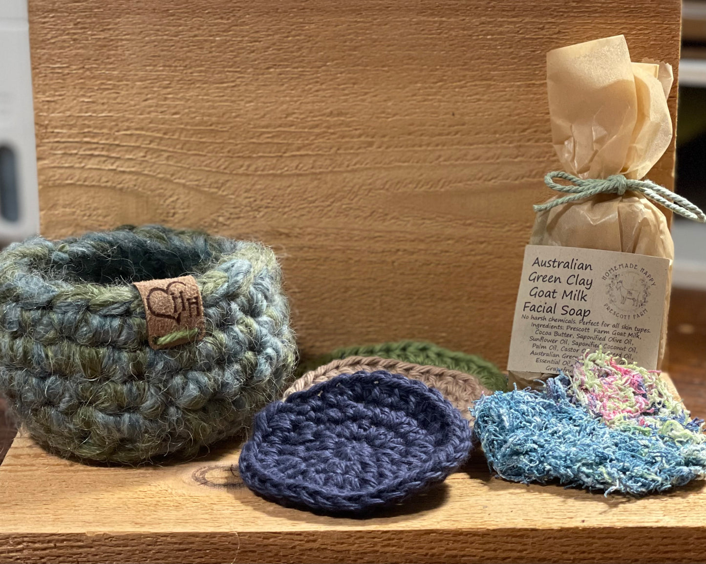 Crochet Reusable Facial Scrubbies, Exfoliating Scrubby, Sample facial soap AND Crochet HH basket (other basket colors available not pictured) Message us for details or request a color.